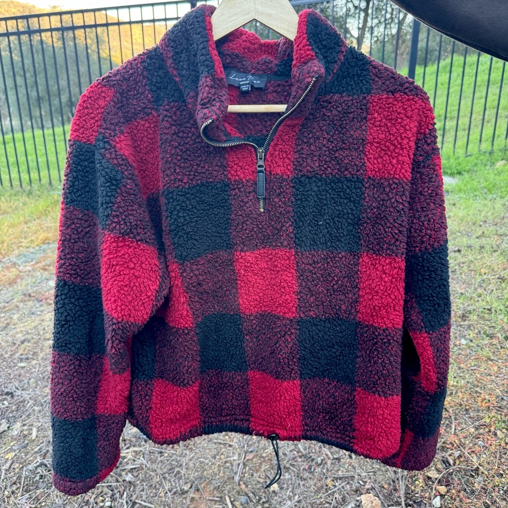 Love Tree Red & Black Plaid Pullover Fuzzy Jacket Medium